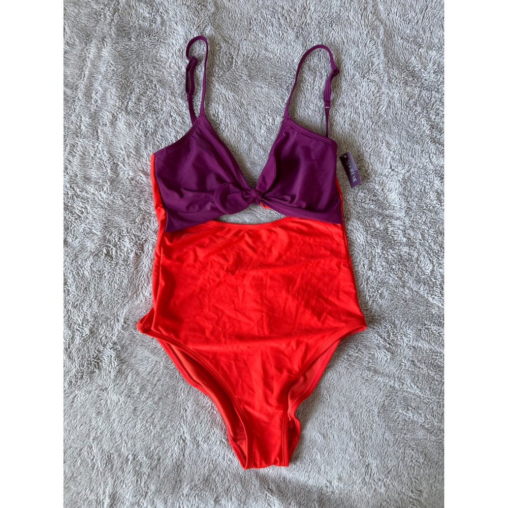 Adore Me Purple Red Colorblock Cutout One Piece Swimsuit Small NWT